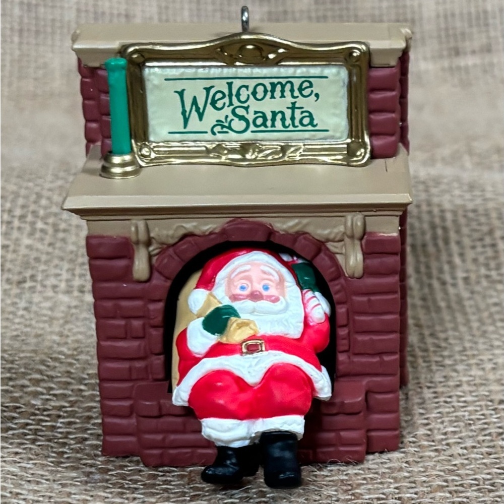Vintage Hallmark Ken Crow Welcome Santa Plastic Christmas Ornament Fireplace